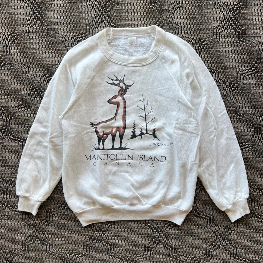 Vintage‎ Deer Sweatshirt Mens Small White Manitoulin Island Canada Nature 80s